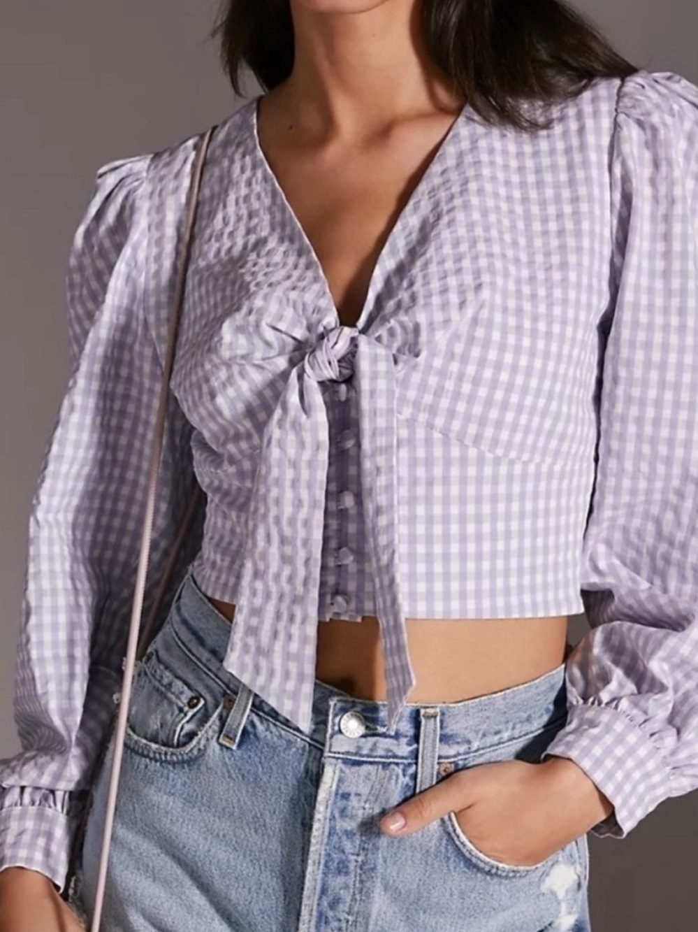 Maeve Lavender Gingham Tie-Front Puff Sleeve Blouse